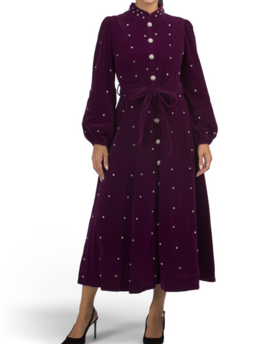 Dalia Macphee Elegant Velvet Maxi Dress with Pearl Embellishments